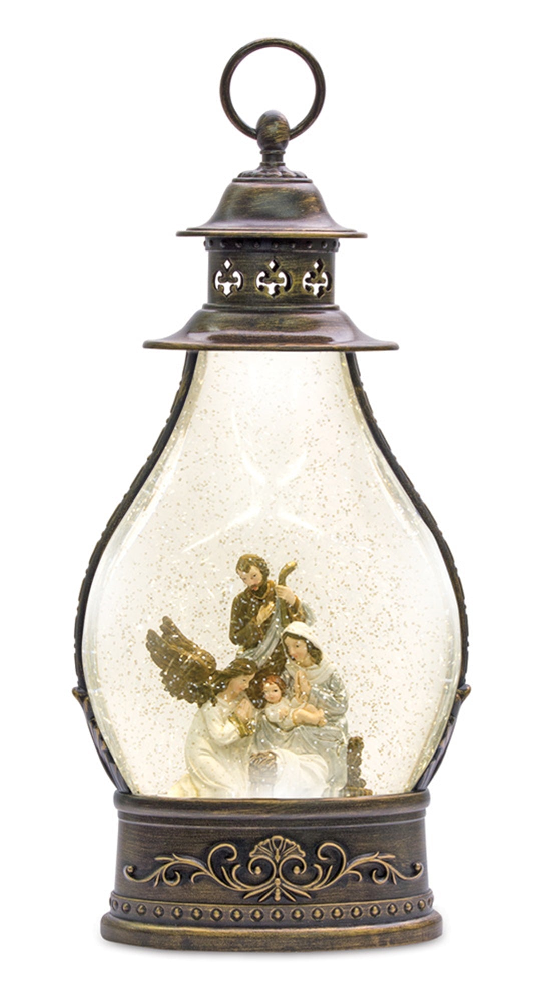 LED Snow Globe Lantern with Holy Family Nativity Scene 15.5"H, handcrafted Christmas gift, Grande Place, Lancaster County PA