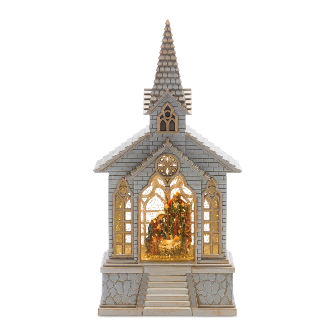 LED Snow Globe Church with Nativity 8.25"H, handcrafted Christmas gift, Grande Place, Lancaster County PA