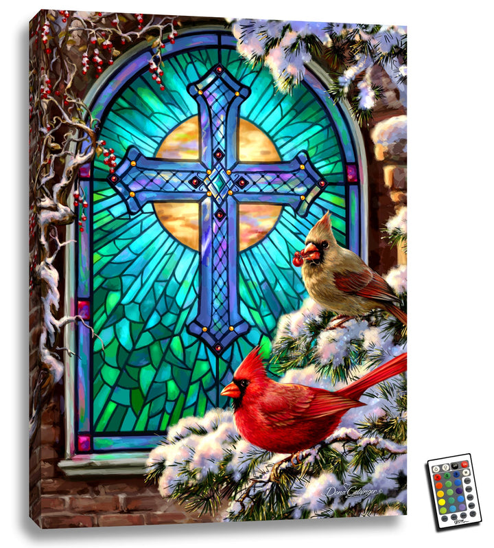 Cardinals Stained Glass 18x24 Fully Illuminated LED Wall Art, handcrafted Christmas gift, Grande Place, Lancaster County PA