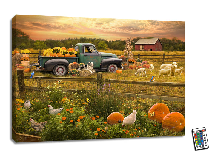 Pumpkin Harvest Truck 18x24 Fully Illuminated LED Wall Art, handcrafted Christmas gift, Grande Place, Lancaster County PA