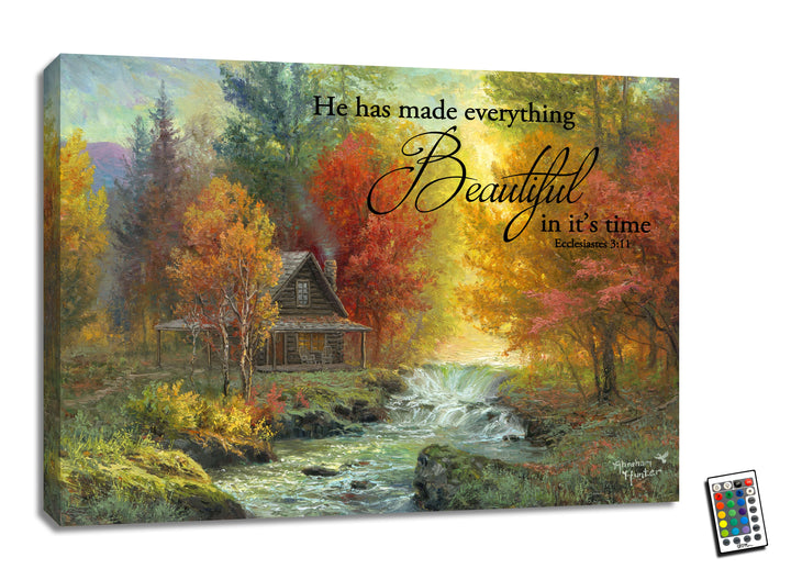 Creekside Cabin with Scripture 18x24 Fully Illuminated LED Wall Art, handcrafted Christmas gift, Grande Place, Lancaster County PA