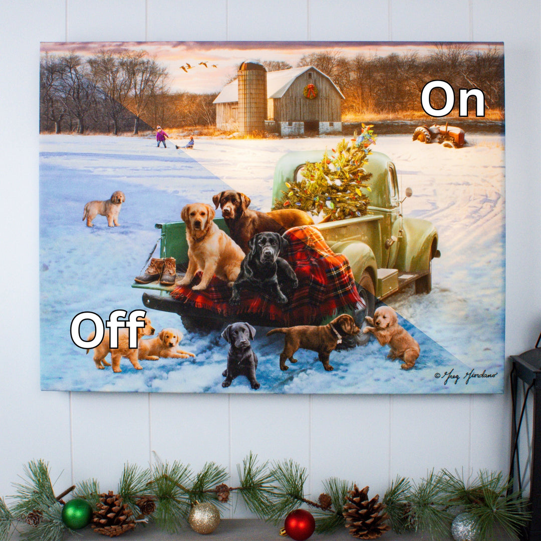 Pups and Pick up 18x24 Fully Illuminated LED Wall Art, handcrafted Christmas gift, Grande Place, Lancaster County PA