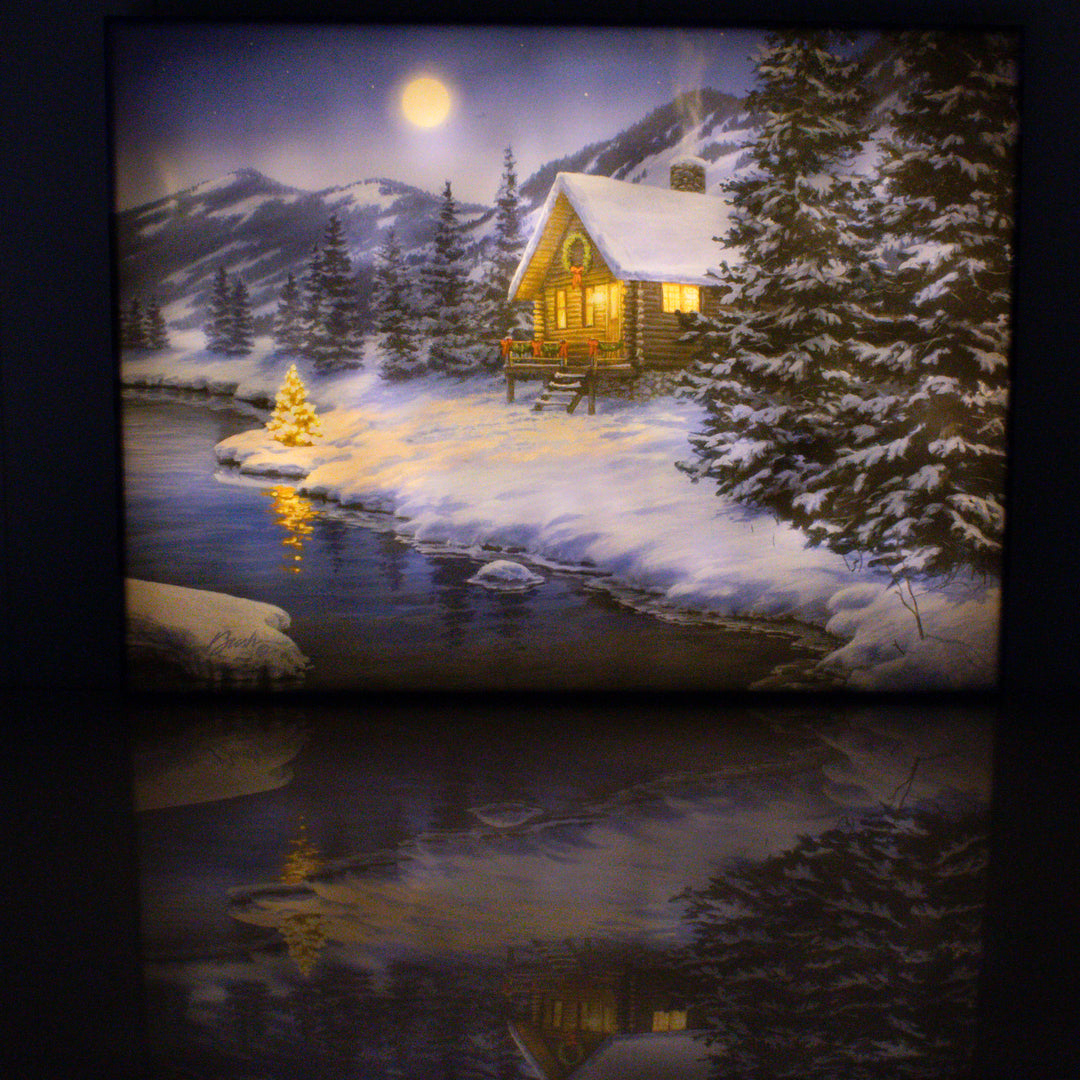 Christmas Cabin 18x24 Fully Illuminated LED Wall Art