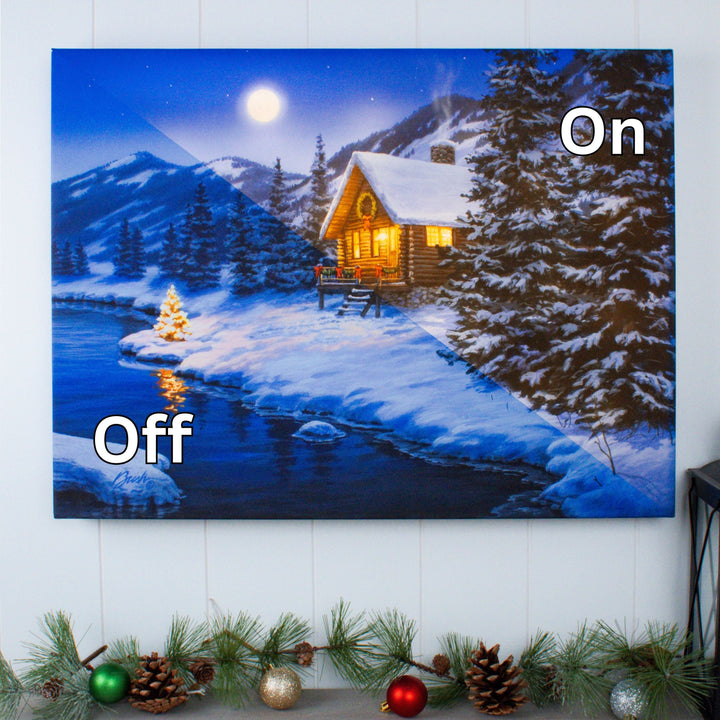 Christmas Cabin 18x24 Fully Illuminated LED Wall Art, handcrafted Christmas gift, Grande Place, Lancaster County PA
