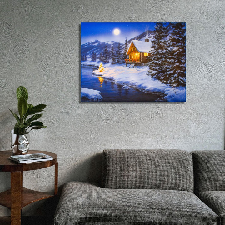 Christmas Cabin 18x24 Fully Illuminated LED Wall Art
