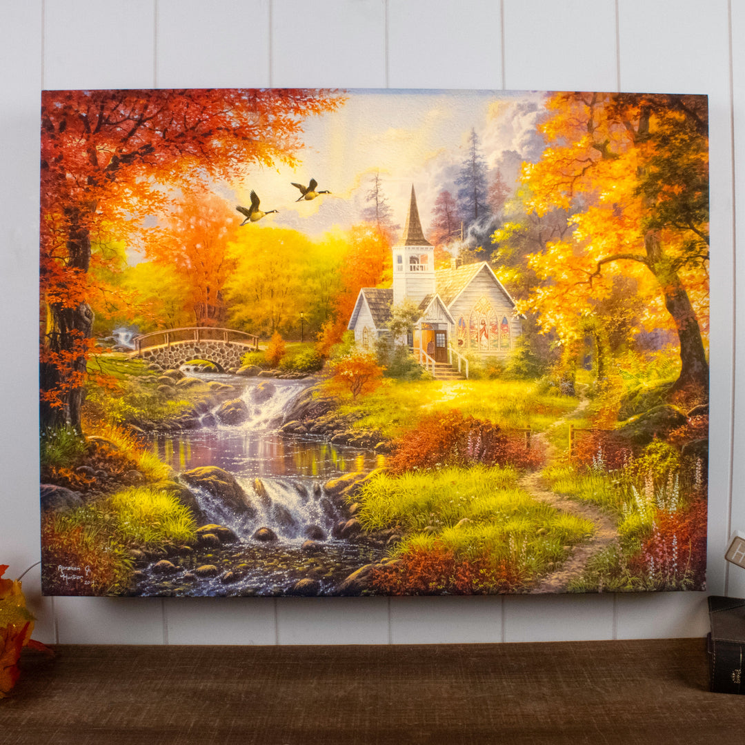 Woodland Church 18x24 Fully Illuminated LED Wall Art, handcrafted Christmas gift, Grande Place, Lancaster County PA
