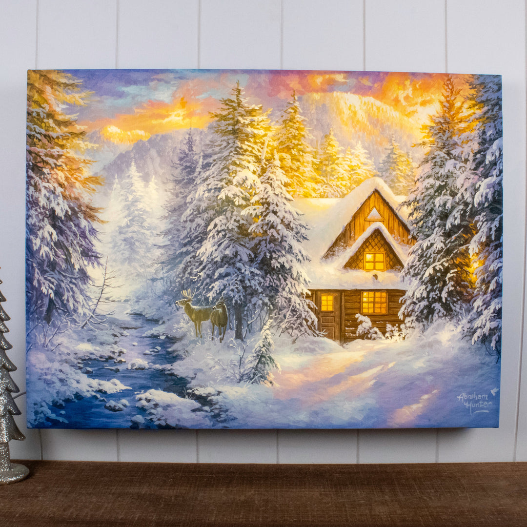 Winter Mountain Retreat 18x24 Fully Illuminated LED Wall Art, handcrafted Christmas gift, Grande Place, Lancaster County PA