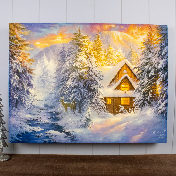 Winter Mountain Retreat 18x24 Fully Illuminated LED Wall Art, handcrafted Christmas gift, Grande Place, Lancaster County PA