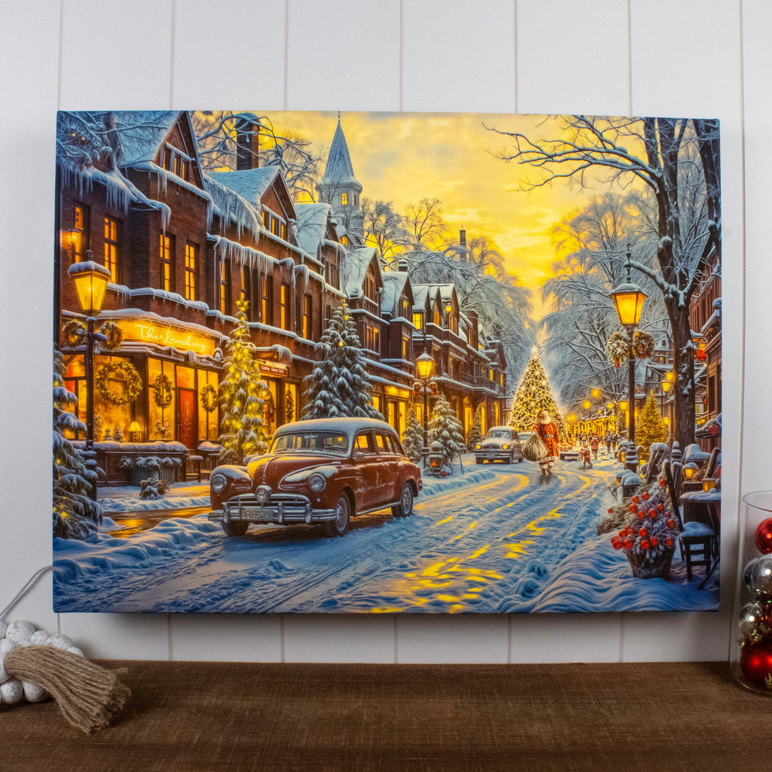 Winter Stroll 18x24 Fully Illuminated LED Wall Art, handcrafted Christmas gift, Grande Place, Lancaster County PA