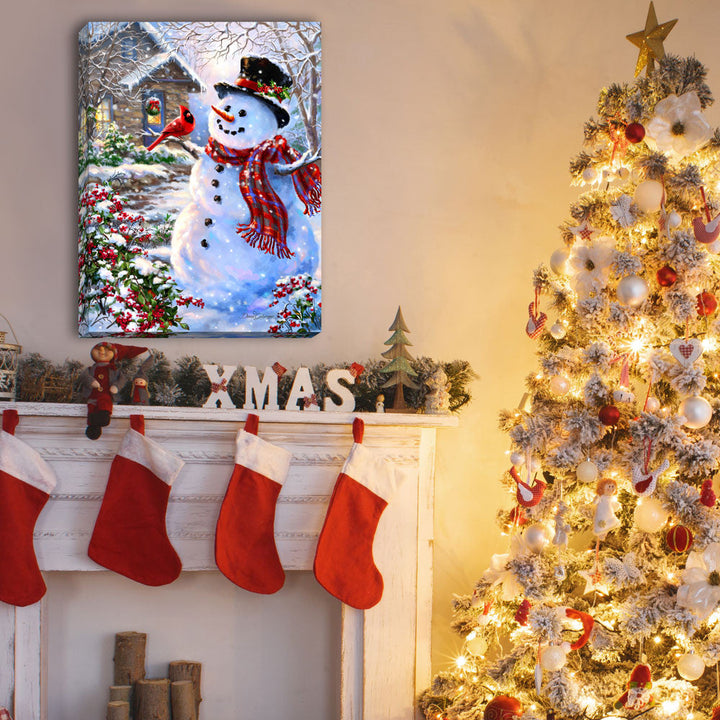 Snowman &amp; Feathered Friend 18x24 Fully Illuminated LED Wall Art