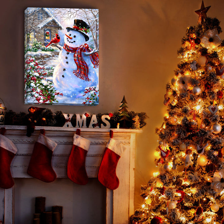 Snowman &amp; Feathered Friend 18x24 Fully Illuminated LED Wall Art
