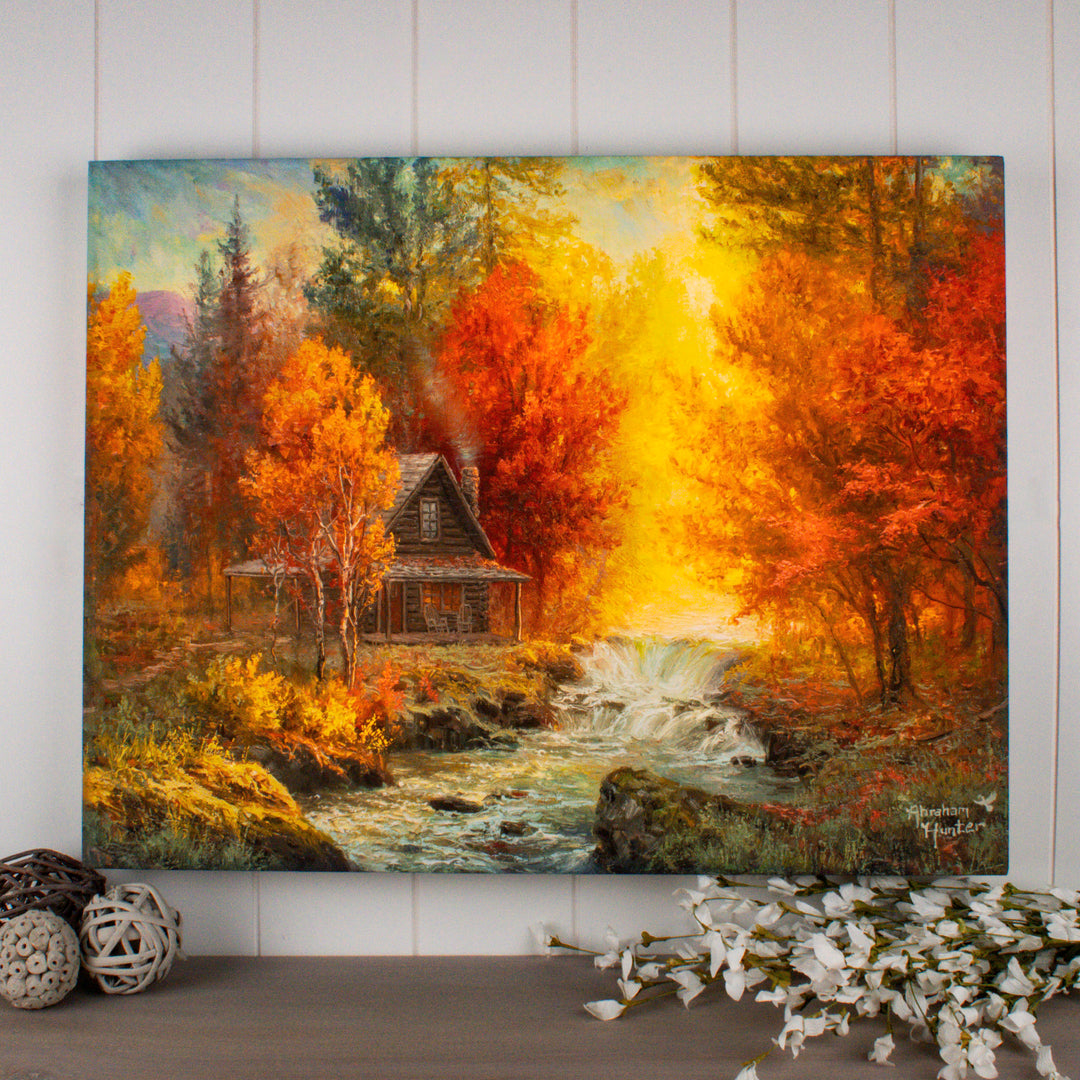 Creekside Cabin 18x24 Fully Illuminated LED Wall Art, handcrafted Christmas gift, Grande Place, Lancaster County PA