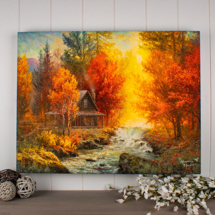 Creekside Cabin 18x24 Fully Illuminated LED Wall Art, handcrafted Christmas gift, Grande Place, Lancaster County PA