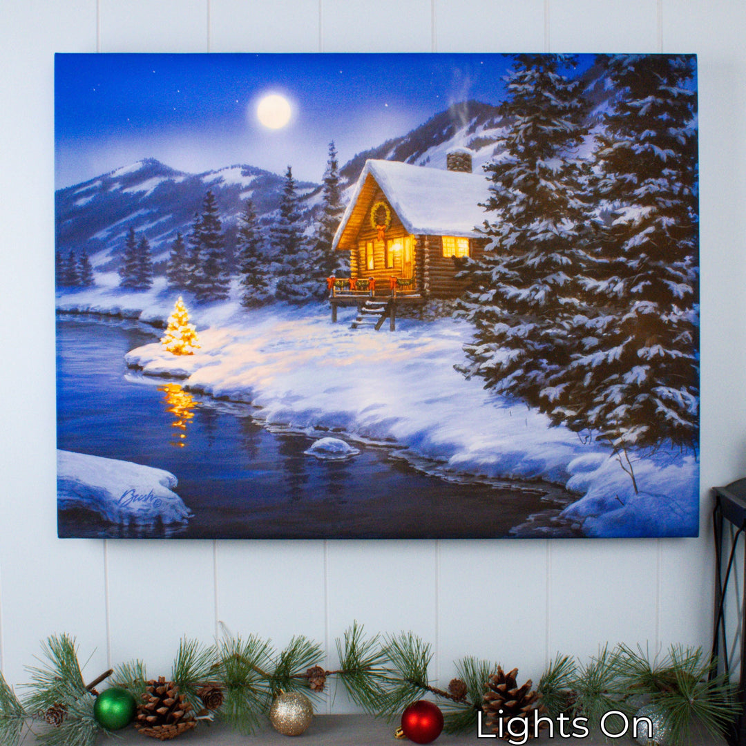 Christmas Cabin 18x24 Fully Illuminated LED Wall Art