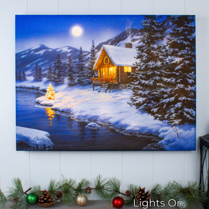 Christmas Cabin 18x24 Fully Illuminated LED Wall Art