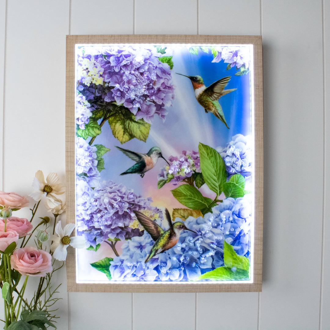 Hummingbirds 12x16 Jeweled Halo Glow LED Art, handcrafted Christmas gift, Grande Place, Lancaster County PA