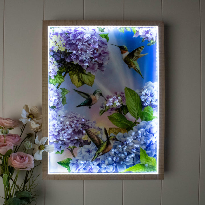 Hummingbirds 12x16 Jeweled Halo Glow LED Art