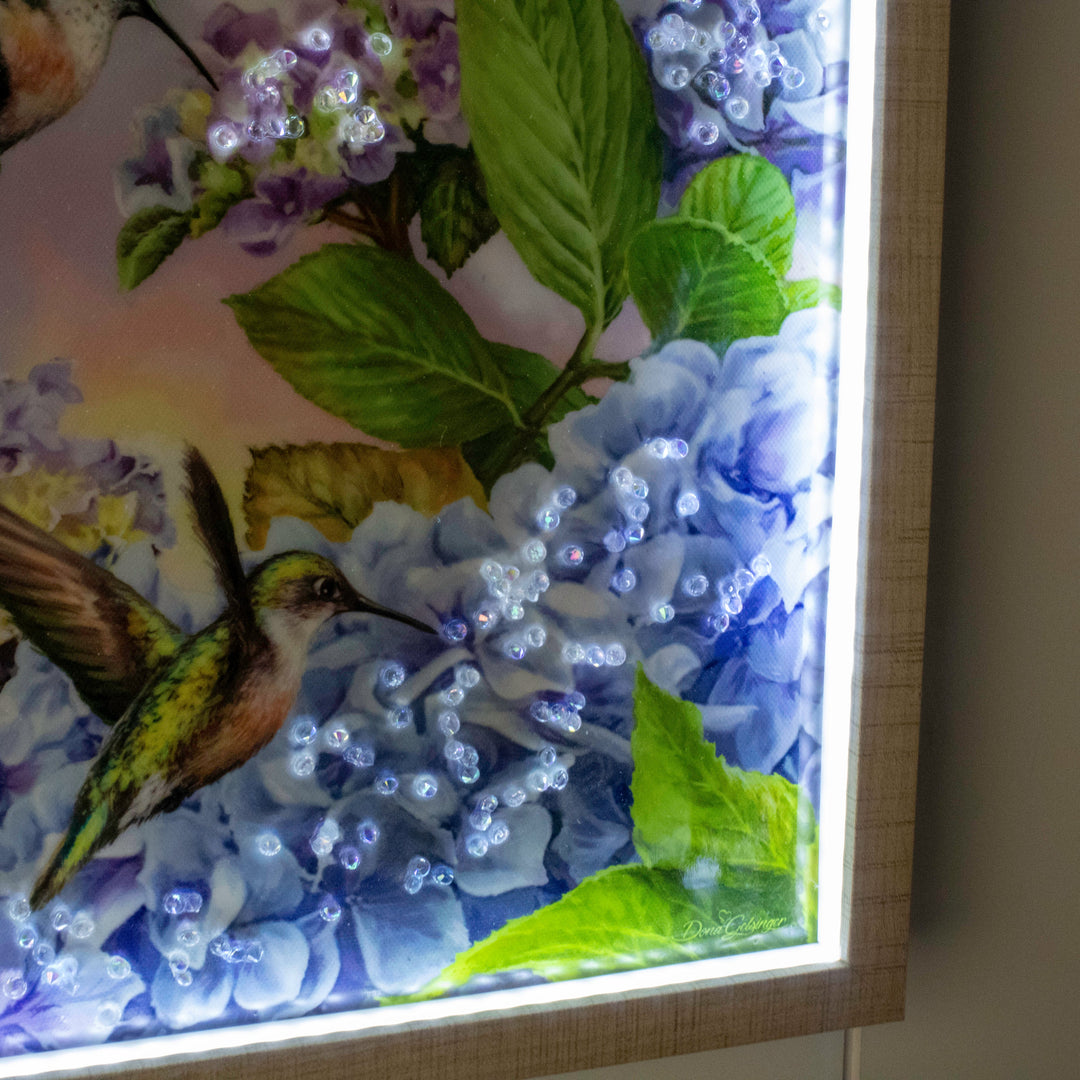Hummingbirds 12x16 Jeweled Halo Glow LED Art