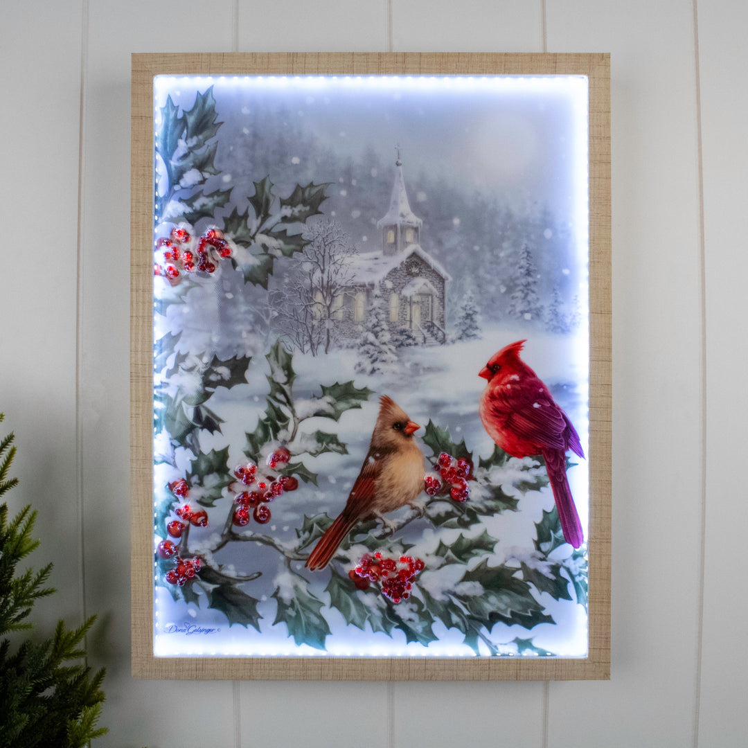 Winter Cardinals 12x16 Jeweled Halo Glow LED Art, handcrafted Christmas gift, Grande Place, Lancaster County PA