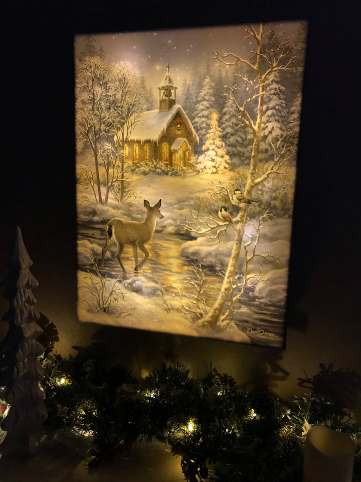 Chapel In the Snow 18x24 Fully Illuminated LED Wall Art