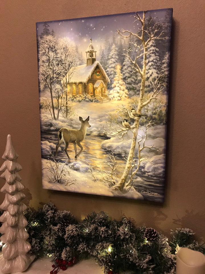 Chapel In the Snow 18x24 Fully Illuminated LED Wall Art