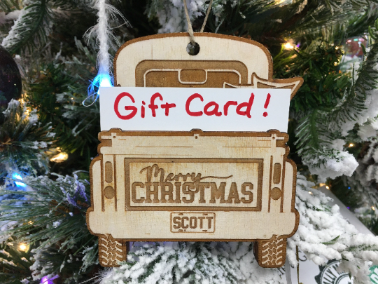 Antique Pickup Truck Gift Card Holder Personalized Christmas Ornament, handcrafted Christmas gift, Grande Place, Lancaster County PA