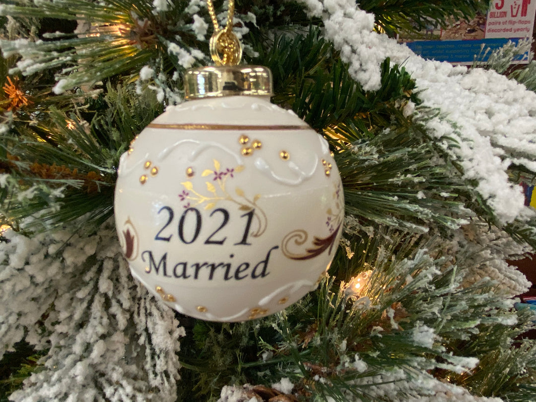 Married 2021 Victorian Burgundy, Ivory and Gold Porcelain Ornament, handcrafted Christmas gift, Grande Place, Lancaster County PA