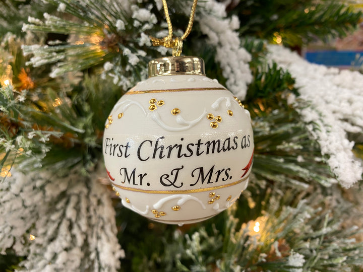 First Christmas as Mr. &amp; Mrs. 2021 Porcelain Ornament, handcrafted Christmas gift, Grande Place, Lancaster County PA