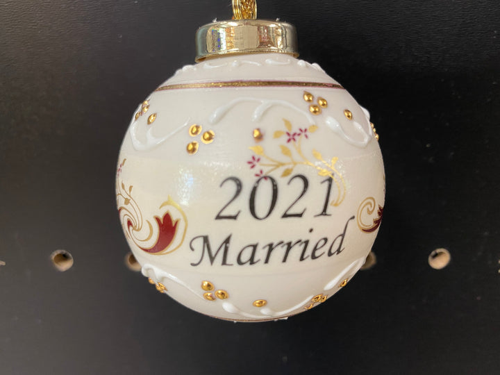 Married 2021 Victorian Burgundy, Ivory and Gold Porcelain Ornament