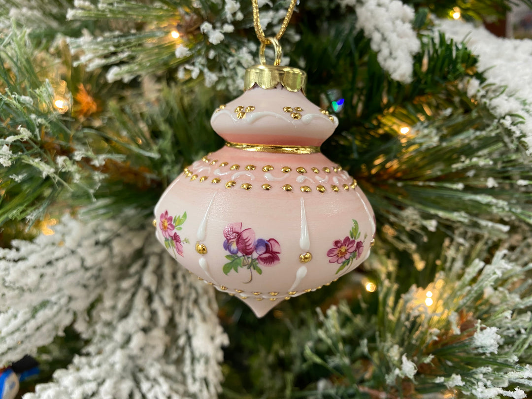 Victorian Pink and Gold Floral Porcelain Ornament, handcrafted Christmas gift, Grande Place, Lancaster County PA