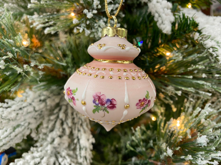 Victorian Pink and Gold Floral Porcelain Ornament, handcrafted Christmas gift, Grande Place, Lancaster County PA