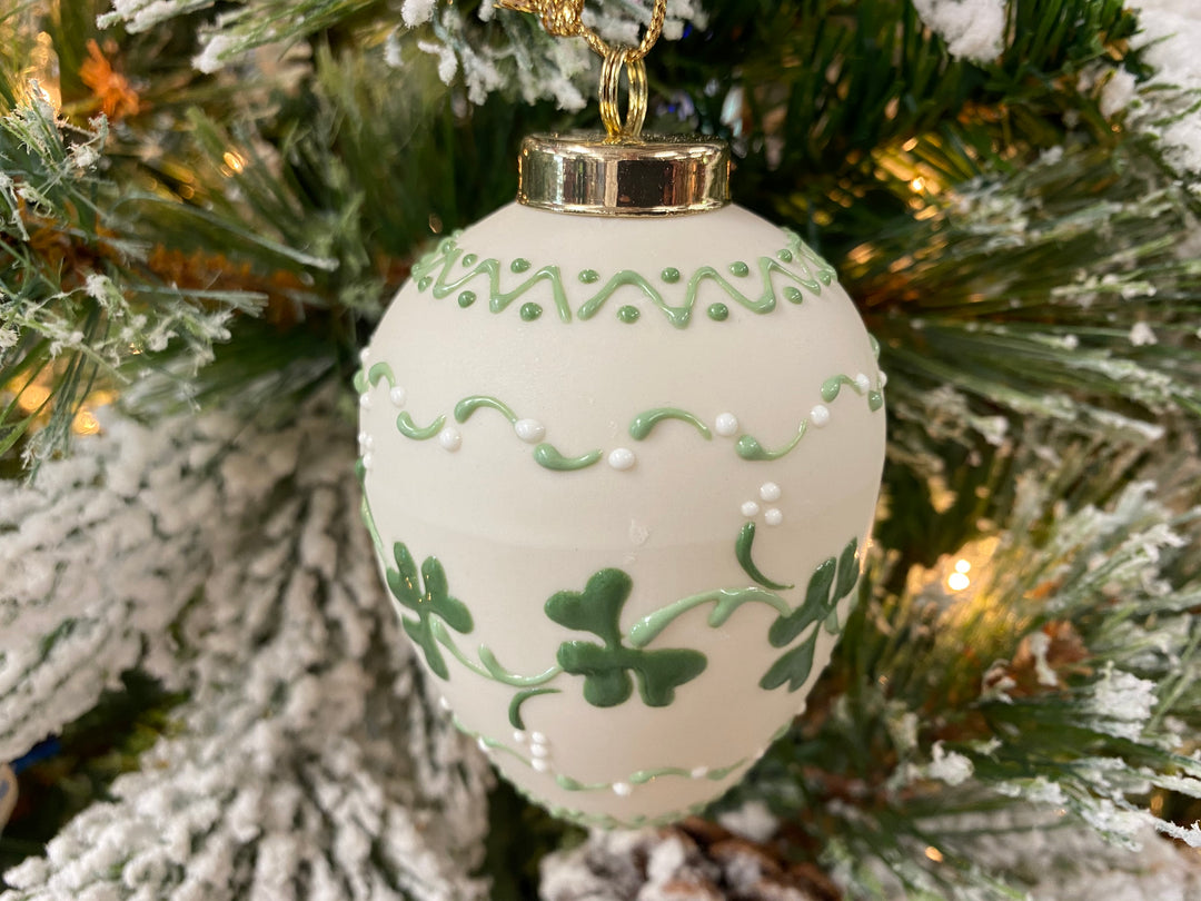 Green Clover Porcelain Ornament, handcrafted Christmas gift, Grande Place, Lancaster County PA
