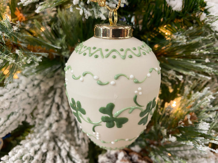 Green Clover Porcelain Ornament, handcrafted Christmas gift, Grande Place, Lancaster County PA